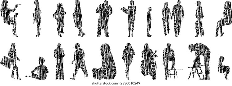 Vector illustration, Outline silhouettes of people, Contour drawing, people silhouette, Icon Set Isolated , Silhouette of sitting people, Architectural set	
