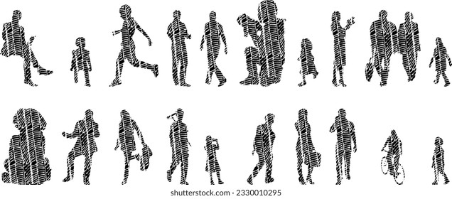 Vector illustration, Outline silhouettes of people, Contour drawing, people silhouette, Icon Set Isolated , Silhouette of sitting people, Architectural set	
