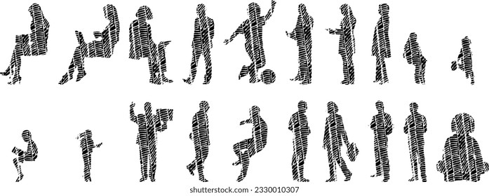 Vector illustration, Outline silhouettes of people, Contour drawing, people silhouette, Icon Set Isolated , Silhouette of sitting people, Architectural set	
