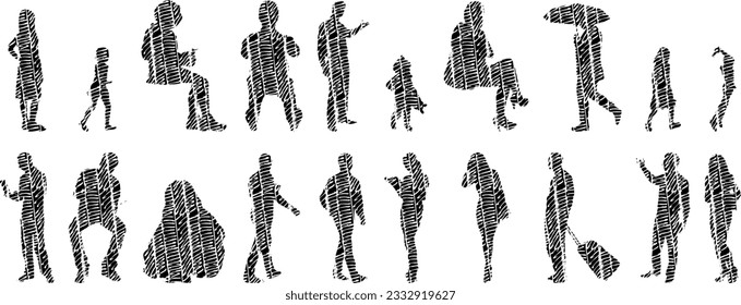 Vector illustration, Outline silhouettes of people, Contour drawing, people silhouette, Icon Set Isolated , Silhouette of sitting people, Architectural set	
