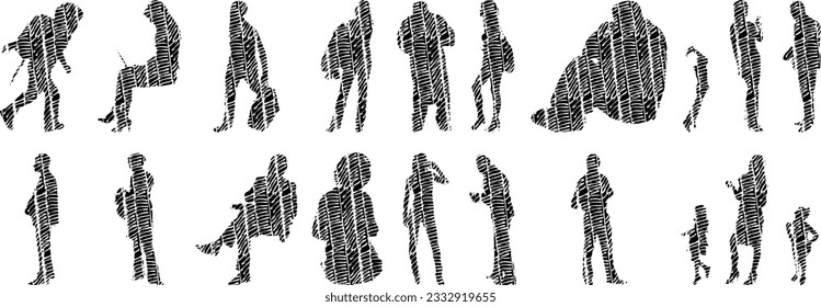 Vector illustration, Outline silhouettes of people, Contour drawing, people silhouette, Icon Set Isolated , Silhouette of sitting people, Architectural set	
