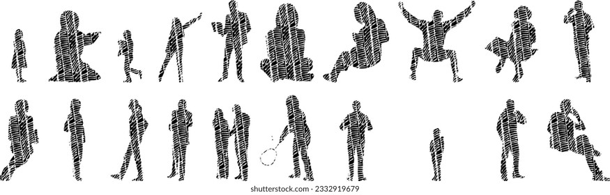 Vector illustration, Outline silhouettes of people, Contour drawing, people silhouette, Icon Set Isolated , Silhouette of sitting people, Architectural set	
