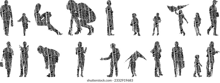 Vector illustration, Outline silhouettes of people, Contour drawing, people silhouette, Icon Set Isolated , Silhouette of sitting people, Architectural set	
