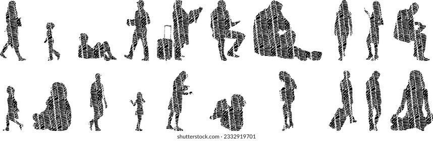 Vector illustration, Outline silhouettes of people, Contour drawing, people silhouette, Icon Set Isolated , Silhouette of sitting people, Architectural set	
