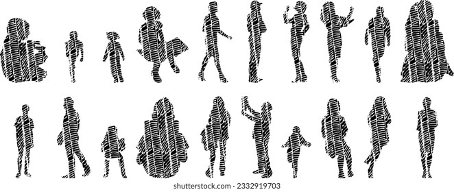Vector illustration, Outline silhouettes of people, Contour drawing, people silhouette, Icon Set Isolated , Silhouette of sitting people, Architectural set	
