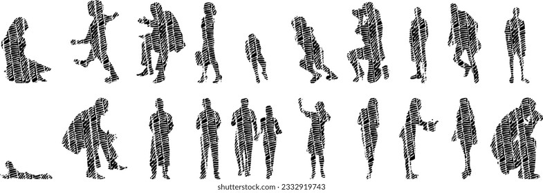 Vector illustration, Outline silhouettes of people, Contour drawing, people silhouette, Icon Set Isolated , Silhouette of sitting people, Architectural set	
