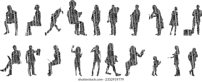 Vector illustration, Outline silhouettes of people, Contour drawing, people silhouette, Icon Set Isolated , Silhouette of sitting people, Architectural set	
