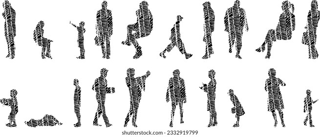 Vector illustration, Outline silhouettes of people, Contour drawing, people silhouette, Icon Set Isolated , Silhouette of sitting people, Architectural set	
