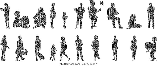 Vector illustration, Outline silhouettes of people, Contour drawing, people silhouette, Icon Set Isolated , Silhouette of sitting people, Architectural set	
