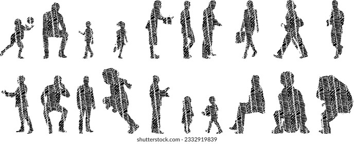 Vector illustration, Outline silhouettes of people, Contour drawing, people silhouette, Icon Set Isolated , Silhouette of sitting people, Architectural set	
