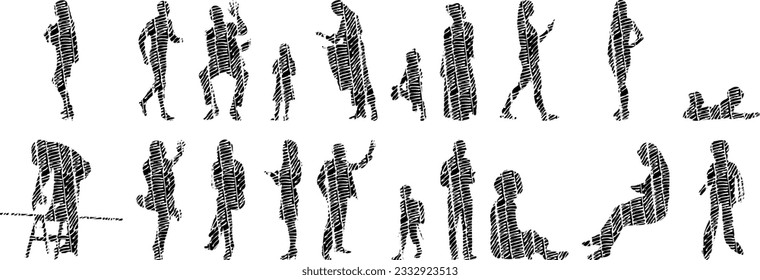 Vector illustration, Outline silhouettes of people, Contour drawing, people silhouette, Icon Set Isolated , Silhouette of sitting people, Architectural set	
