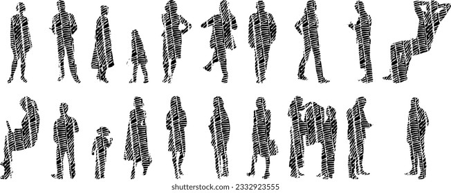 Vector illustration, Outline silhouettes of people, Contour drawing, people silhouette, Icon Set Isolated , Silhouette of sitting people, Architectural set	
