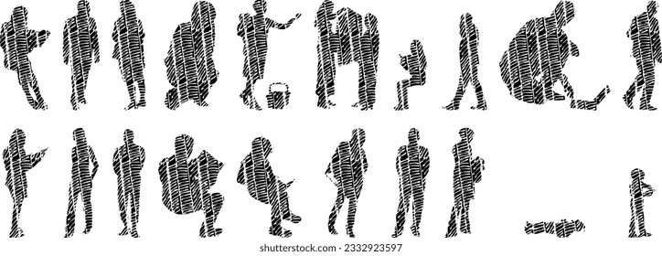 Vector illustration, Outline silhouettes of people, Contour drawing, people silhouette, Icon Set Isolated , Silhouette of sitting people, Architectural set	
