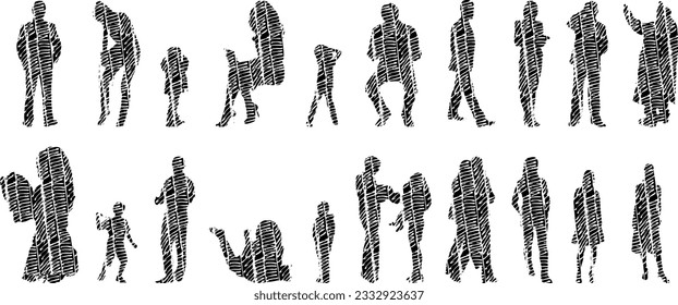Vector illustration, Outline silhouettes of people, Contour drawing, people silhouette, Icon Set Isolated , Silhouette of sitting people, Architectural set	
