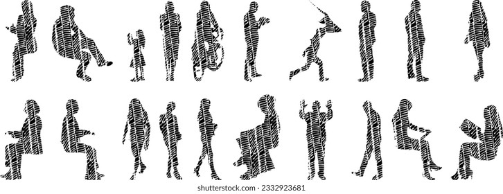 Vector illustration, Outline silhouettes of people, Contour drawing, people silhouette, Icon Set Isolated , Silhouette of sitting people, Architectural set	
