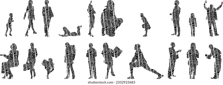 Vector illustration, Outline silhouettes of people, Contour drawing, people silhouette, Icon Set Isolated , Silhouette of sitting people, Architectural set	
