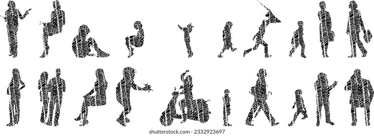 Vector illustration, Outline silhouettes of people, Contour drawing, people silhouette, Icon Set Isolated , Silhouette of sitting people, Architectural set	
