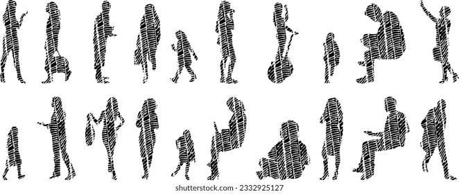 Vector illustration, Outline silhouettes of people, Contour drawing, people silhouette, Icon Set Isolated , Silhouette of sitting people, Architectural set	
