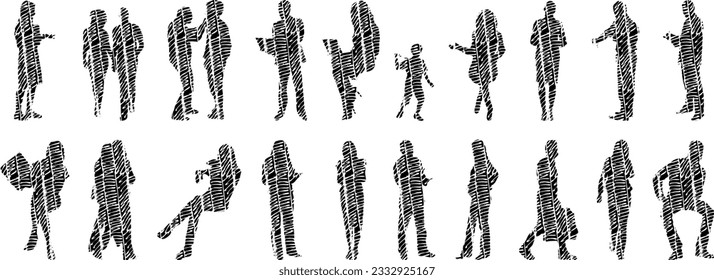 Vektorgrafik, Umrisssilhouetten von Menschen, Kontrastzeichnung, Silhouette von Menschen, Symbolsatz isoliert, Silhouette von sitzenden Menschen, Architekturset	

