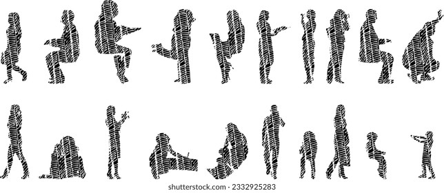 Vector illustration, Outline silhouettes of people, Contour drawing, people silhouette, Icon Set Isolated , Silhouette of sitting people, Architectural set	
