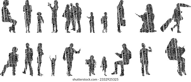 Vector illustration, Outline silhouettes of people, Contour drawing, people silhouette, Icon Set Isolated , Silhouette of sitting people, Architectural set	
