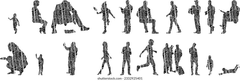 Vector illustration, Outline silhouettes of people, Contour drawing, people silhouette, Icon Set Isolated , Silhouette of sitting people, Architectural set	
