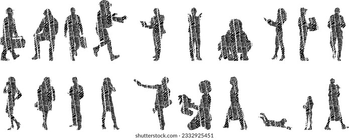 Vector illustration, Outline silhouettes of people, Contour drawing, people silhouette, Icon Set Isolated , Silhouette of sitting people, Architectural set	
