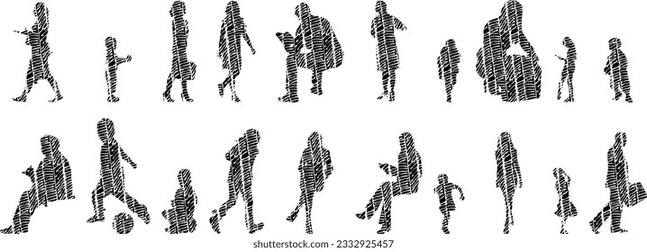 Vector illustration, Outline silhouettes of people, Contour drawing, people silhouette, Icon Set Isolated , Silhouette of sitting people, Architectural set	
