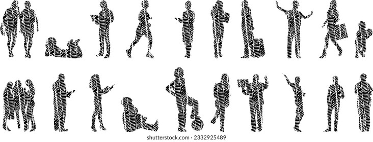 Vector illustration, Outline silhouettes of people, Contour drawing, people silhouette, Icon Set Isolated , Silhouette of sitting people, Architectural set	
