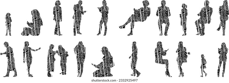 Vector illustration, Outline silhouettes of people, Contour drawing, people silhouette, Icon Set Isolated , Silhouette of sitting people, Architectural set	
