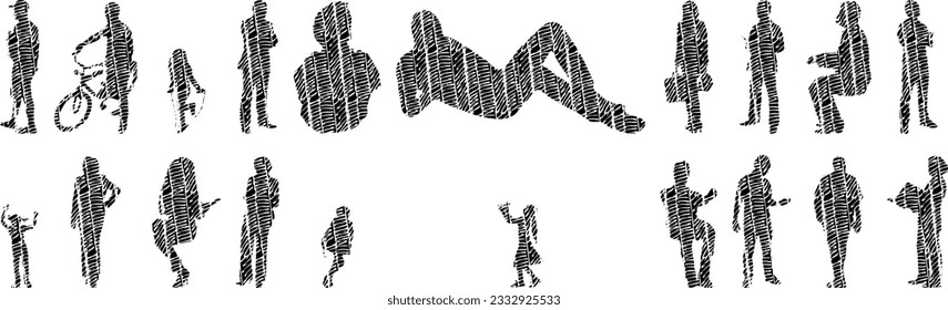 Vector illustration, Outline silhouettes of people, Contour drawing, people silhouette, Icon Set Isolated , Silhouette of sitting people, Architectural set	
