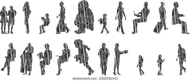 Vector illustration, Outline silhouettes of people, Contour drawing, people silhouette, Icon Set Isolated , Silhouette of sitting people, Architectural set	
