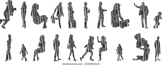 Vector illustration, Outline silhouettes of people, Contour drawing, people silhouette, Icon Set Isolated , Silhouette of sitting people, Architectural set	
