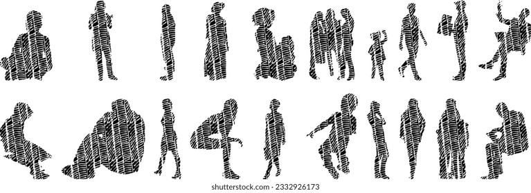 Vector illustration, Outline silhouettes of people, Contour drawing, people silhouette, Icon Set Isolated , Silhouette of sitting people, Architectural set	
