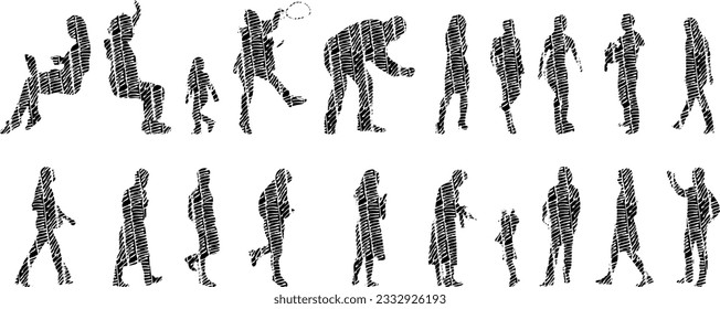 Vector illustration, Outline silhouettes of people, Contour drawing, people silhouette, Icon Set Isolated , Silhouette of sitting people, Architectural set	
