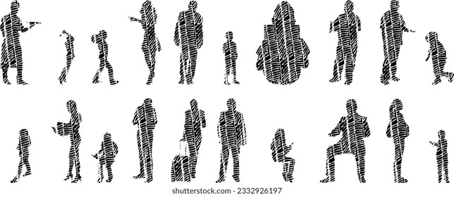 Vector illustration, Outline silhouettes of people, Contour drawing, people silhouette, Icon Set Isolated , Silhouette of sitting people, Architectural set	
