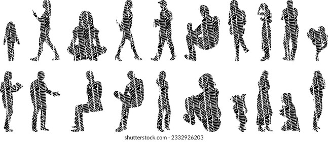 Vector illustration, Outline silhouettes of people, Contour drawing, people silhouette, Icon Set Isolated , Silhouette of sitting people, Architectural set	
