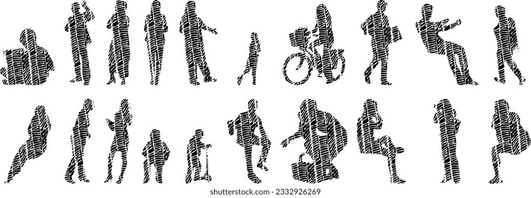 Vector illustration, Outline silhouettes of people, Contour drawing, people silhouette, Icon Set Isolated , Silhouette of sitting people, Architectural set	
