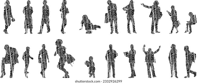 Vector illustration, Outline silhouettes of people, Contour drawing, people silhouette, Icon Set Isolated , Silhouette of sitting people, Architectural set	
