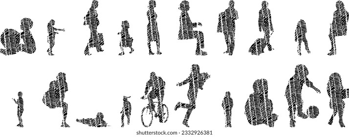 Vector illustration, Outline silhouettes of people, Contour drawing, people silhouette, Icon Set Isolated , Silhouette of sitting people, Architectural set	
