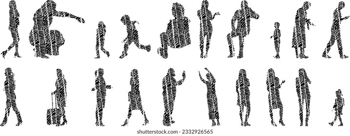 Vector illustration, Outline silhouettes of people, Contour drawing, people silhouette, Icon Set Isolated , Silhouette of sitting people, Architectural set	
