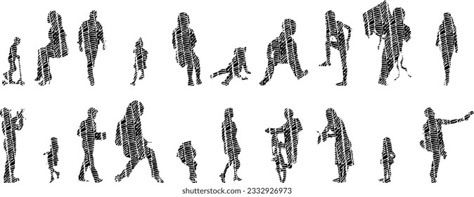 Vector illustration, Outline silhouettes of people, Contour drawing, people silhouette, Icon Set Isolated , Silhouette of sitting people, Architectural set	
