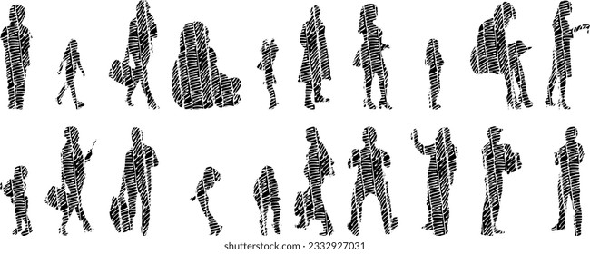Vector illustration, Outline silhouettes of people, Contour drawing, people silhouette, Icon Set Isolated , Silhouette of sitting people, Architectural set	
