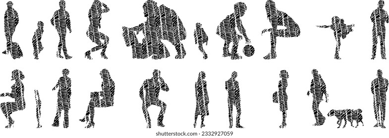 Vector illustration, Outline silhouettes of people, Contour drawing, people silhouette, Icon Set Isolated , Silhouette of sitting people, Architectural set	
