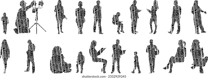 Vector illustration, Outline silhouettes of people, Contour drawing, people silhouette, Icon Set Isolated , Silhouette of sitting people, Architectural set	
