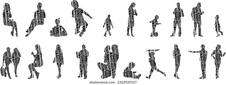 Ilustración vectorial, Siluetas de contorno de personas, Dibujo de contorno, silueta de personas, Conjunto de íconos aislados, Silueta de personas sentadas, Conjunto arquitectónico	
