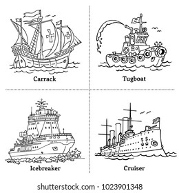 Vector illustration of outline sketch boats. Coloring book with doodle ships. Handmade carrack, icebreaker, tugboat and cruiser Aurora.