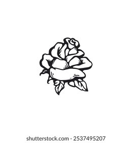 Ilustração vetorial do esboço do esboço do broto de rosa com folhas em preto e branco. Planta de jardim botânico em fundo isolado. Forma plana, ícone para logotipo ou tatuagem. Desenho de cartões e convites.