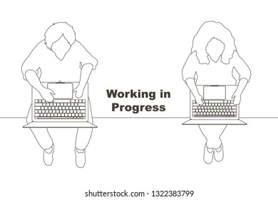 Vector illustration in outline strokes isolated on white background, Top view of a of a man and a woman relax sitting together on the floor and casual working with laptop and making start up content. 