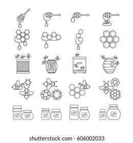 Vector illustration of outline style beekeeping product. Included bee, honey, dipper, honeycomb, beehive and flower. Black and white icon.